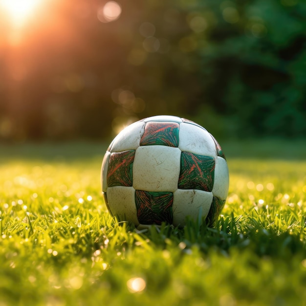 balón de fútbol descansando sobre un trozo de hierba