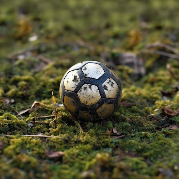 balón de fútbol descansando sobre un trozo de hierba