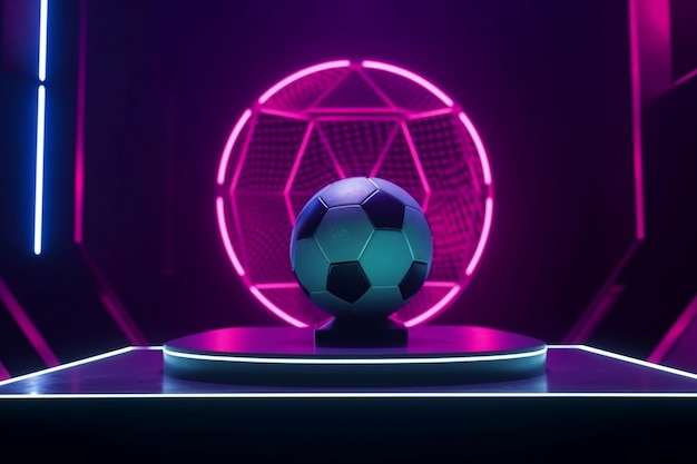 Balón de fútbol en un escenario con luces de neón generativo ai