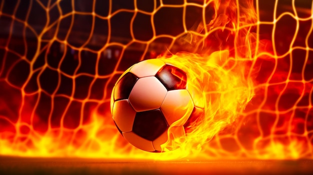 El balón de fútbol está en medio de una bola de fuego en el campo de fútbol IA generativa