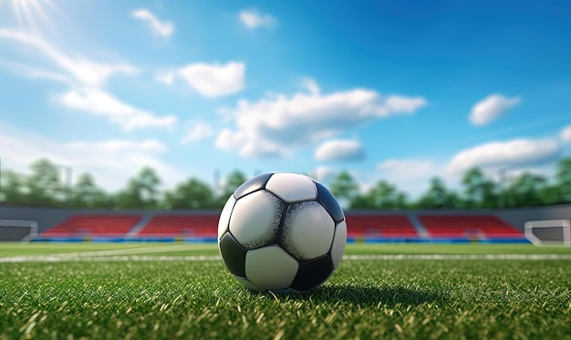 Balón de fútbol con un estadio vacío y hierba verde al fondo.