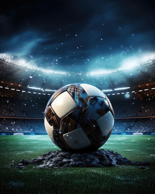 Foto balón de fútbol en el fondo oscuro del estadio sobre pastos