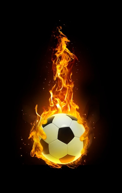 Balón de fútbol fuego en mano fondo negro