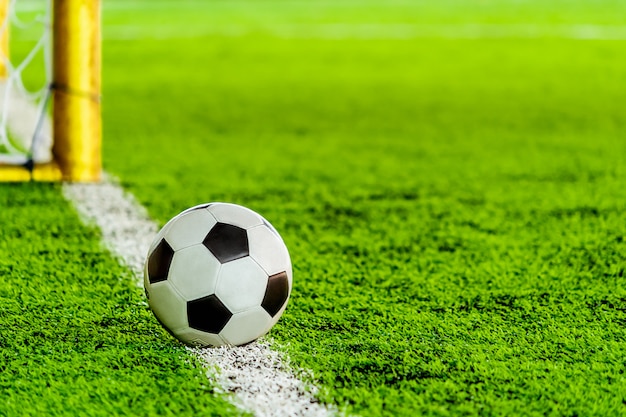 Balón de fútbol de fútbol blanco y negro clásico en línea de gol de campo de entrenamiento con gol