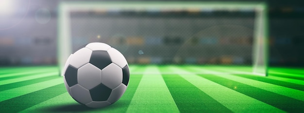 Balón de fútbol en una ilustración 3d de fondo de hierba de campo iluminado