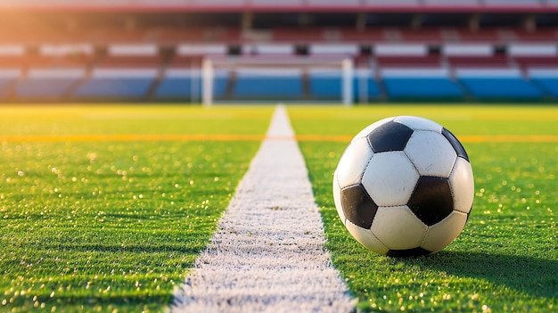 Balón de fútbol en la línea blanca en el estadio