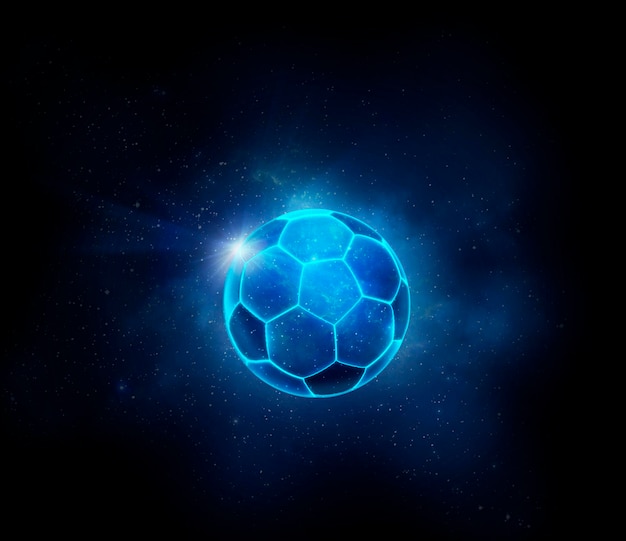 Balón de fútbol con luces de neón que brillan intensamente azules futuristas concepto de juego de pelota 3d render