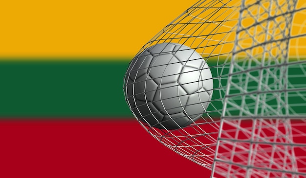 El balón de fútbol marca un gol en una red contra la representación 3D de la bandera de Lituania