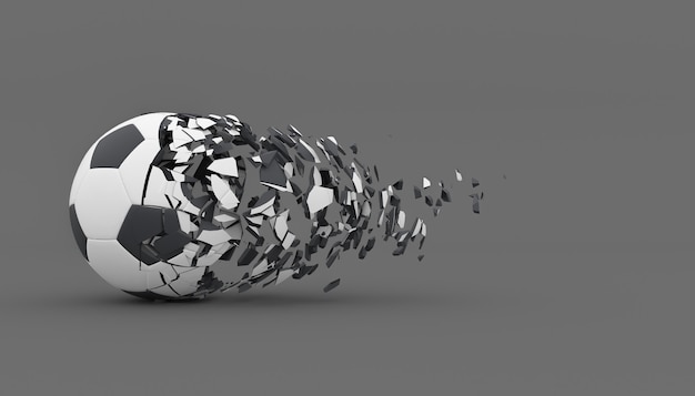 Balón de fútbol medio destruido con fragmentos volando, ilustración 3d