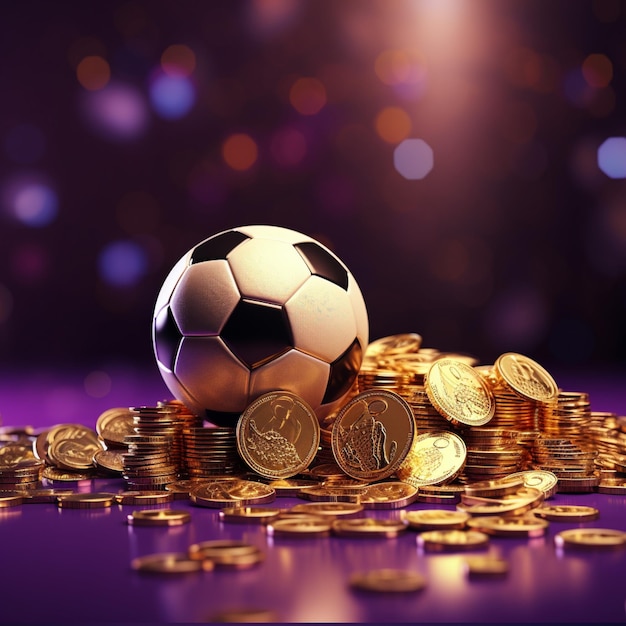 Balón de fútbol con monedas de oro sobre fondo morado.