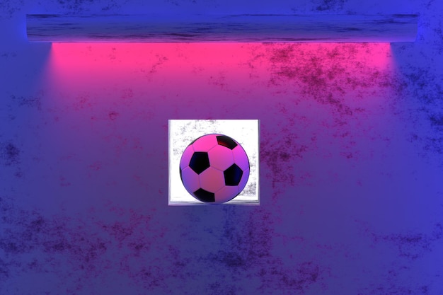 Foto balón de fútbol en un muro de hormigón iluminado con luz azul y roja concepto de victoria de campeonato de fútbol render 3d