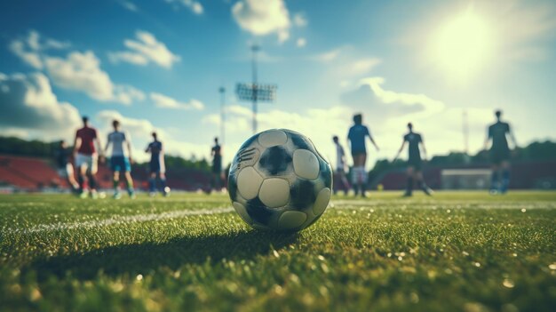 Un balón de fútbol para patear en un estadio soleado