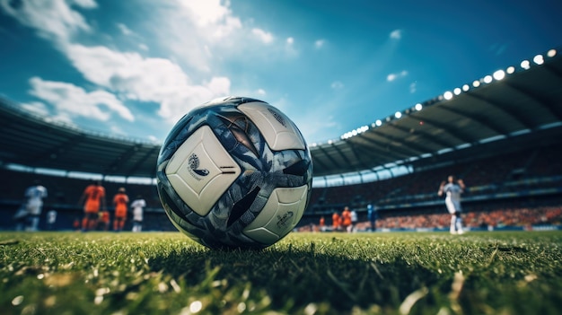 Un balón de fútbol para patear en un estadio soleado