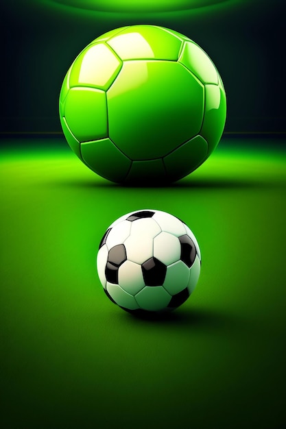 Balón de fútbol en portería con fondo verde