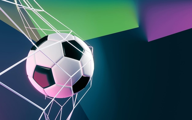 Balón de fútbol en la portería sobre fondo azul 3d render