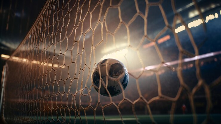 Balón de fútbol en la red de la portería Enfoque selectivo Tonedgenerative ai