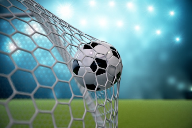 Balón de fútbol de renderizado 3d en la portería. Balón de fútbol en red con foco y fondo claro del estadio, concepto de éxito. Balón de fútbol sobre fondo azul con hierba.