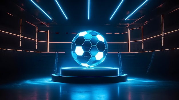 Balón de fútbol resplandeciente en un pedestal futurista en una arena iluminada con neón representado en un impresionante renderizado 3D