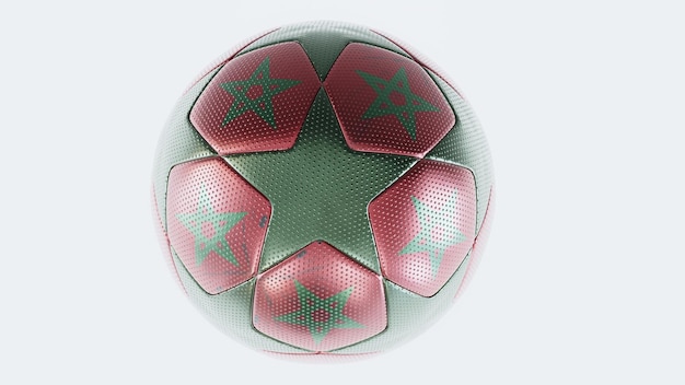 Balón de fútbol rojo y verde con la bandera del concepto de diseño de torneo de Marruecos 3D Render