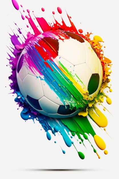 Foto balón de fútbol con salpicaduras de pintura de colores en un lateral ia generativa