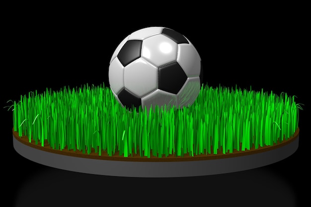 Balón de fútbol sobre césped aislado sobre fondo negro ilustración 3D