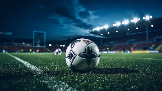 Balón de fútbol sobre la hierba verde del estadio de fútbol por la noche con luces