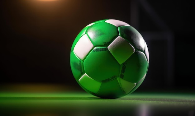 Balón de fútbol verde sobre un fondo oscuro