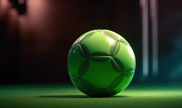 Un balón de fútbol verde sobre una superficie verde con la palabra fútbol.