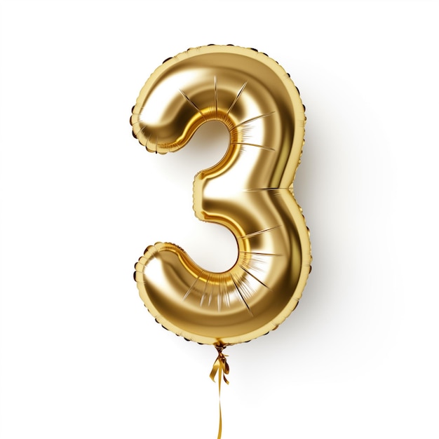 Balón de helio de aluminio dorado en número 3 Elemento de diseño realista para la fiesta de cumpleaños Celebrar año