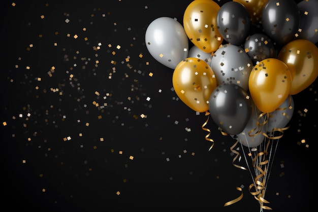 Balón de oro y plata con confeti en fondo oscuro