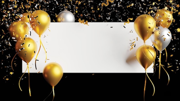 Balón de oro y plata con confeti de papel de aluminio cayendo con una pancarta en blanco sobre un fondo negro renderizado en 3D