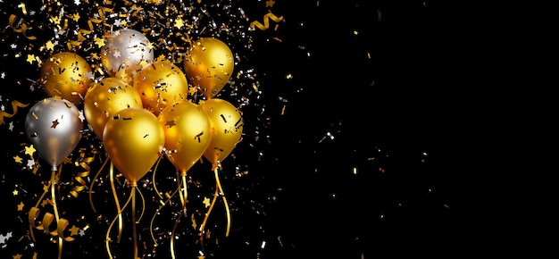 Balón de oro y plata con confeti de papel de aluminio cayendo sobre un fondo negro renderizado en 3D
