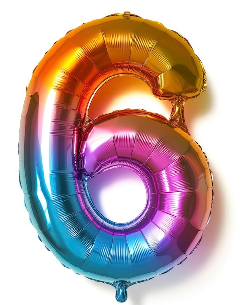 Foto balón de papel de cumpleaños colorido, brillante y vibrante en forma de número 6 aislado en blanco