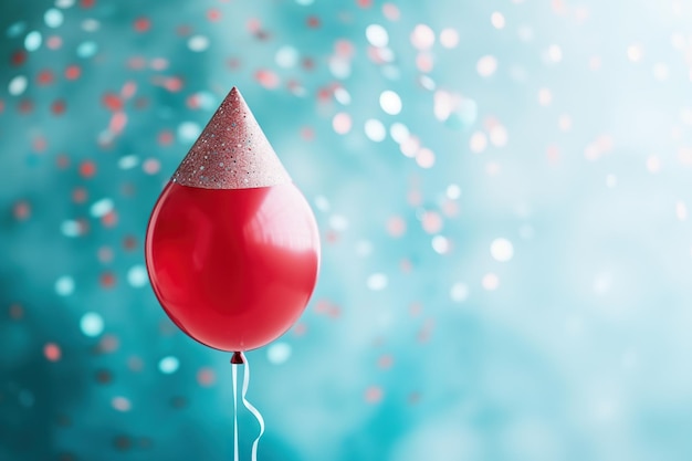 Balón rojo de cumpleaños con sombrero de carnaval de cono para la celebración con confeti en el fondo azul