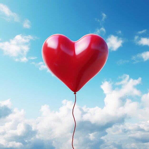 Balón rojo en forma de corazón sobre el fondo de un cielo azul