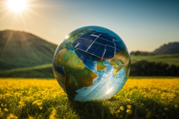 Balón de una sola lente con la vista en el campo al atardecer