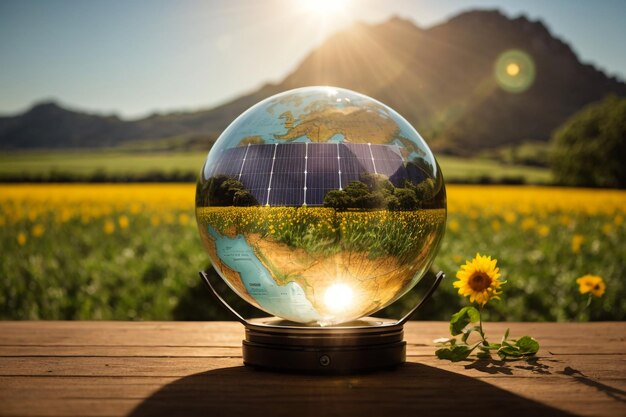 Balón de una sola lente con la vista en el campo al atardecer