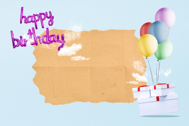 Balón con el texto de Feliz cumpleaños con papel vacío y caja de regalos en un fondo de color