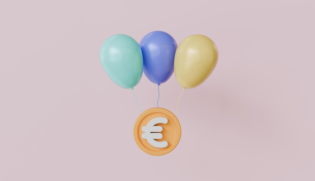 Foto balón volando con una moneda euro economía sobre un fondo de color pastel