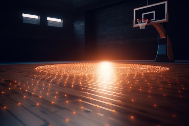 Foto baloncesto acostado en el piso de madera de la cancha de baloncesto e iluminado por focos generativos ai