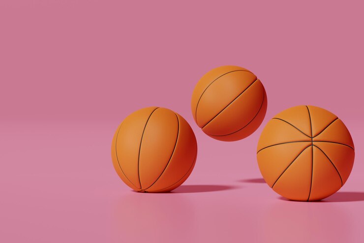 Baloncesto cayendo en el suelo con imagen renderizada de fondo rosa