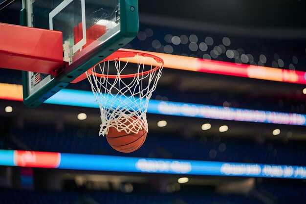 El baloncesto entra en el aro con el colorido fondo bokeh del estadio