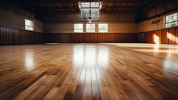Baloncesto en el estadio deportivo campo de baloncesto interior vacío papel tapiz panorámico horizontal con espacio de copia IA generativa