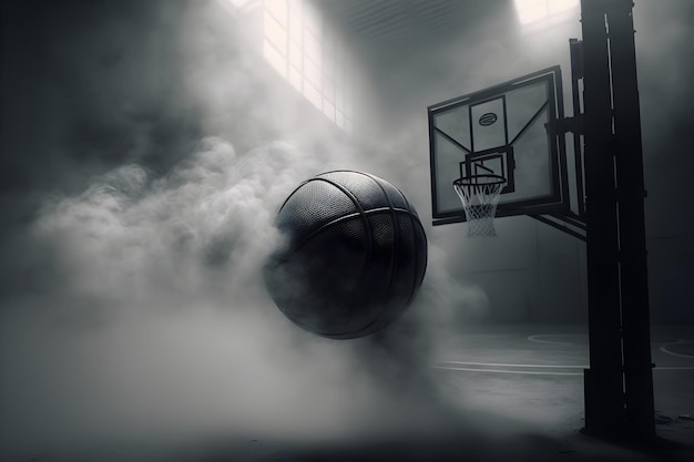 Baloncesto en el piso de la cancha de cerca en humo AI Generativo 8