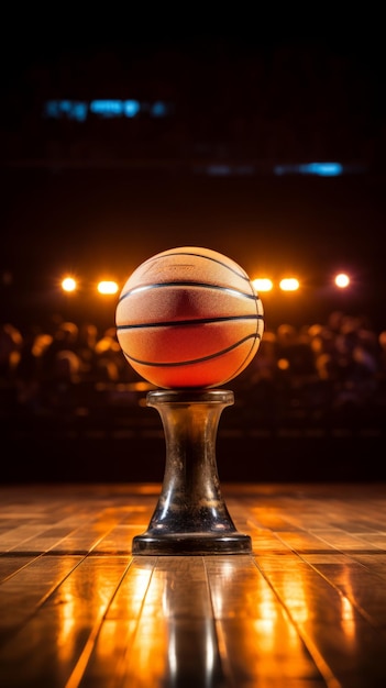 Baloncesto sentado en un pedestal con un reflector en el fondo