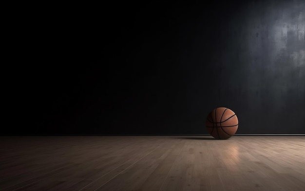 Baloncesto en un suelo de madera en una habitación oscura con luz en la pared.