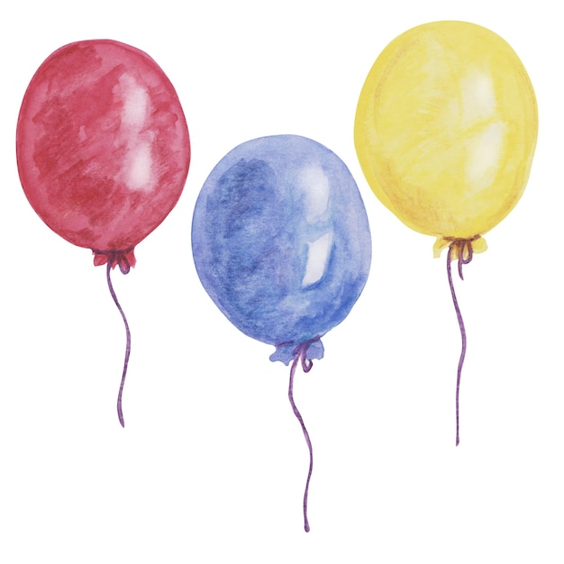 Balones de aire de acuarela rojos, azules y amarillos Juguetes para niños Decoración de fiestas Elementos de celebración Ilustración dibujada a mano para tarjetas Sticker de invitación