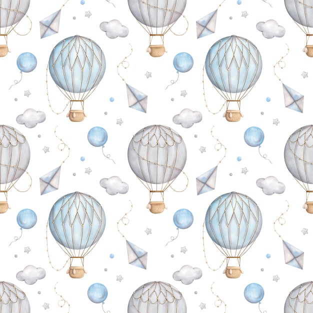Balones de aire caliente Acuarela de dibujo a mano con patrón sin costuras con nubes de cometa de balón de air caliente grises retro