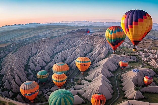 Balones de aire caliente coloridos antes del lanzamiento en el parque nacional de Goreme, Capadocia, Turquía