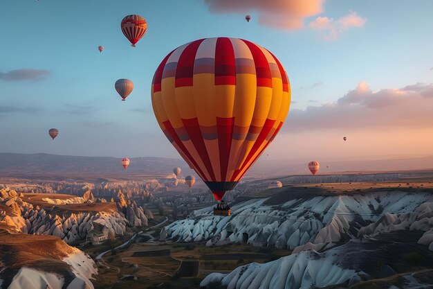 Balones de aire caliente flotando al amanecer sobre un paisaje escarpado con un cielo despejado en el fondo